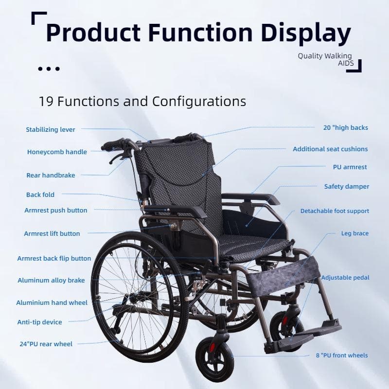 Aluminium multi-functional manual wheelchair. Hand brake. 24-inch quick detachable wheel. One-button adjustable handrail