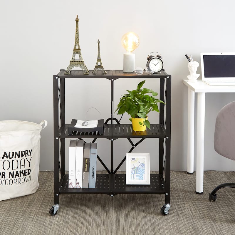 Urban Shop 3 Tier Foldable Rolling Metal Storage Shelf - 27" x 13.77" x 33.85"