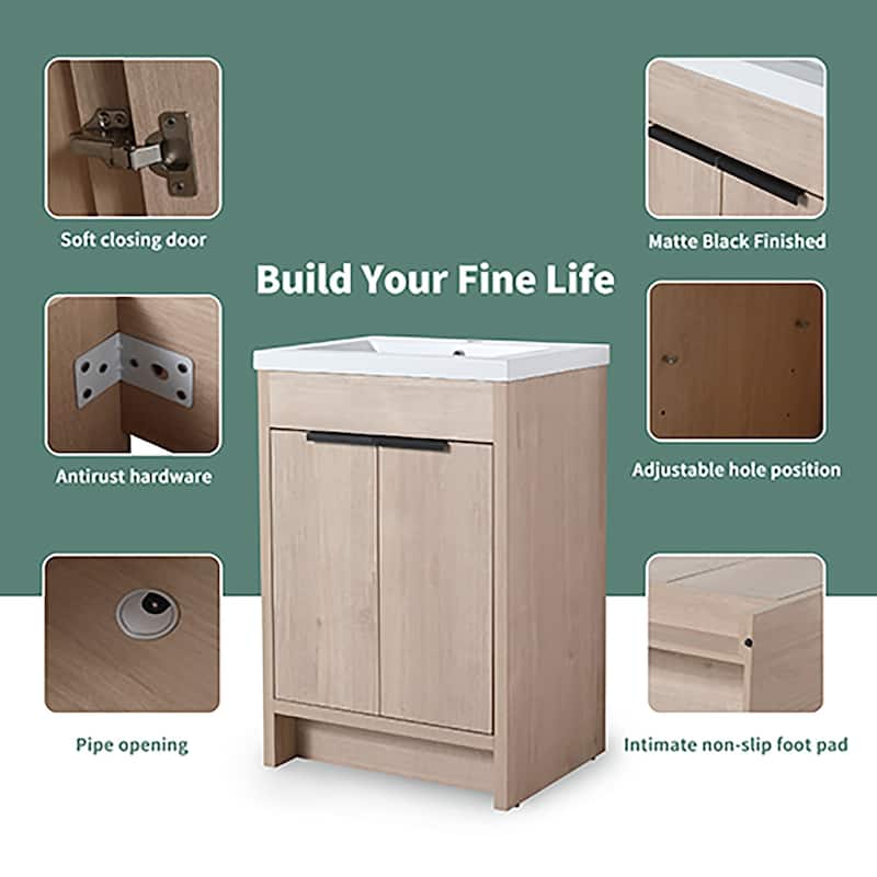 24 Inch Plywood Freestanding Bathroom Vanity With White Resin Sink and Doors and shelf