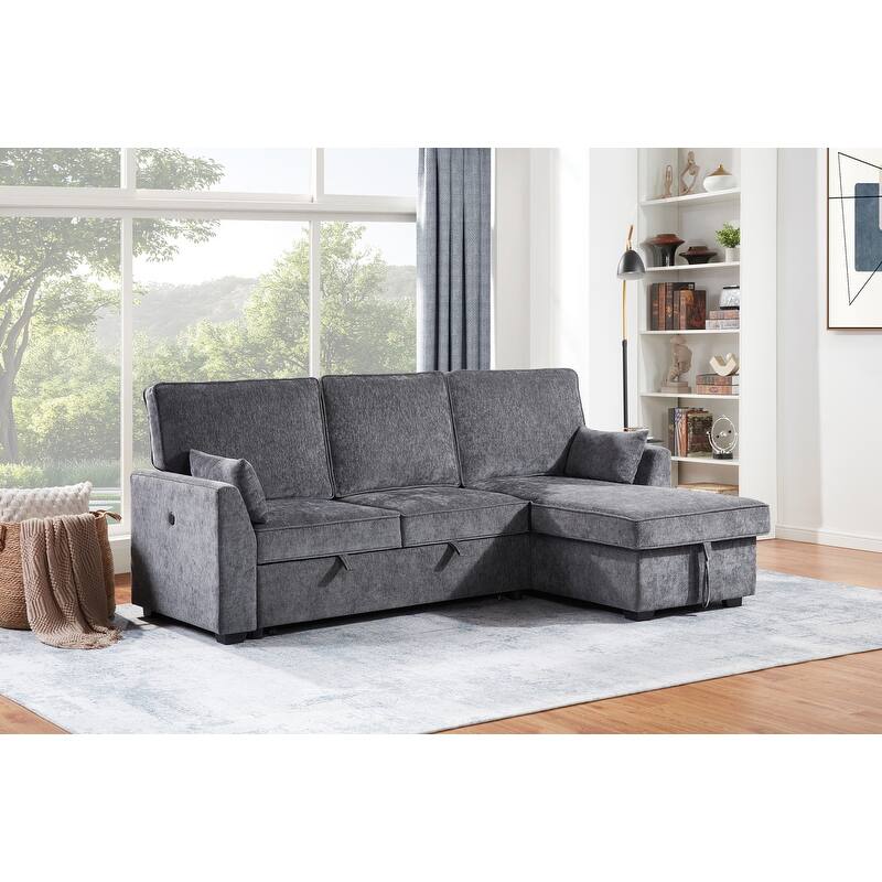Emmy 89"W Dark Gray Fabric Sleeper Sectional Sofa with Reversible Storage Chaise, USB & USB-C Charging Ports, Cupholders