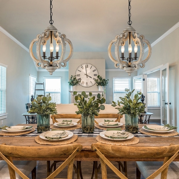 Laluz Clovy Farmhouse 3 Light Wood Lantern Chandelier for Dining Room D15.5 x H 79 Distressed Wood Weathered Distressed 13 to 24 Inches