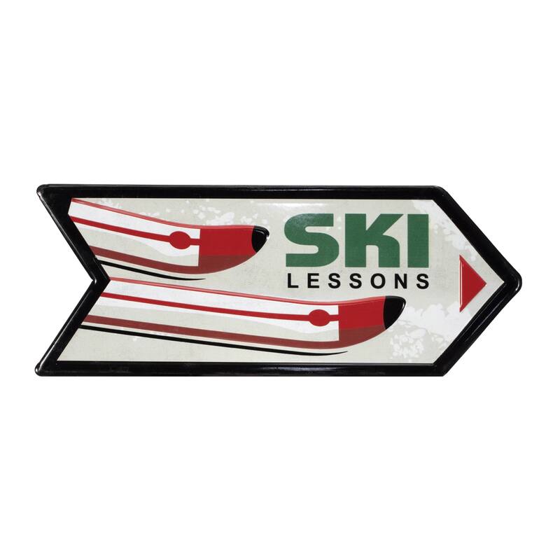 Set of 2 Ski Lessons Metal Signs with Arrow Design and Red White Tone Perfect Winter Cabin or Holiday Accent