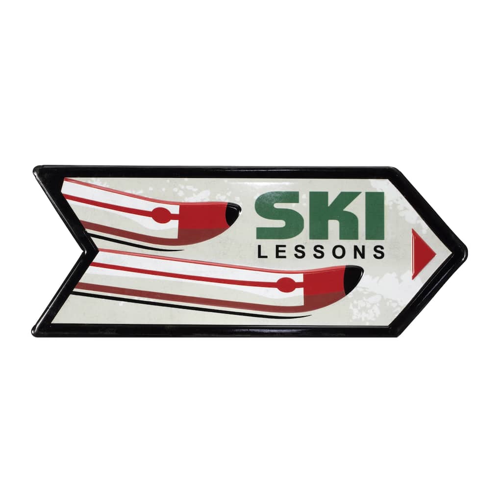 Set of 2 Ski Lessons Metal Signs with Arrow Design and Red White Tone Perfect Winter Cabin or Holiday Accent