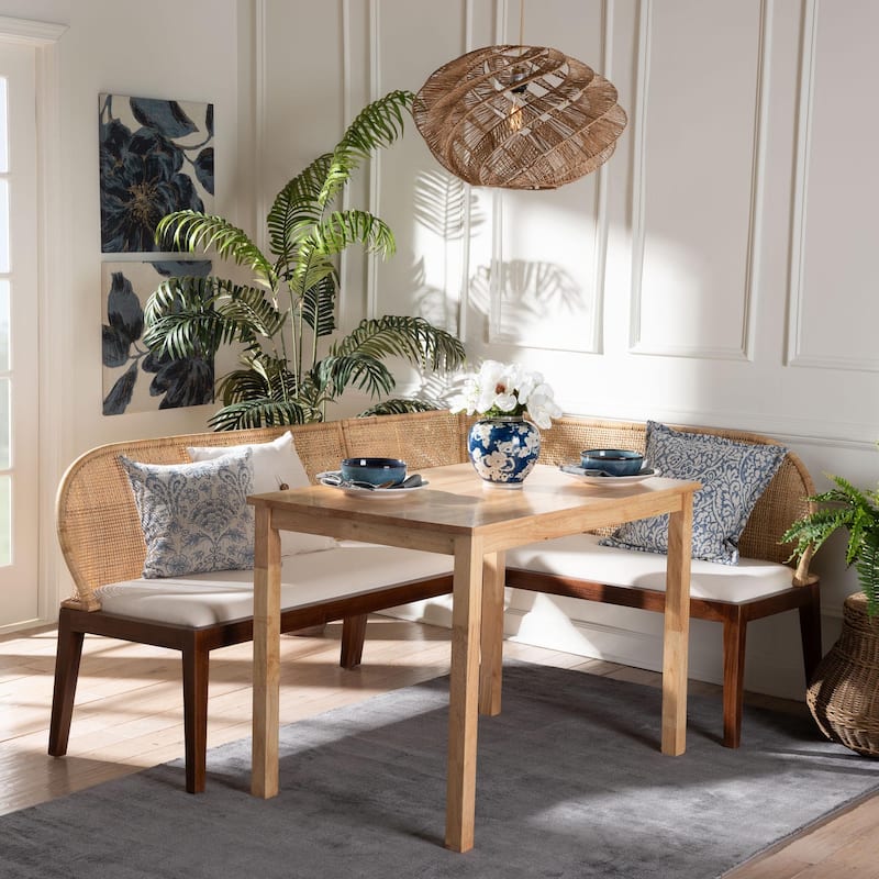 Okinawa 3-Piece Dining Nook Set - L-Shaped Rattan Corner Benches and Solid Wood Table, Boho Coastal Banquette for Dining