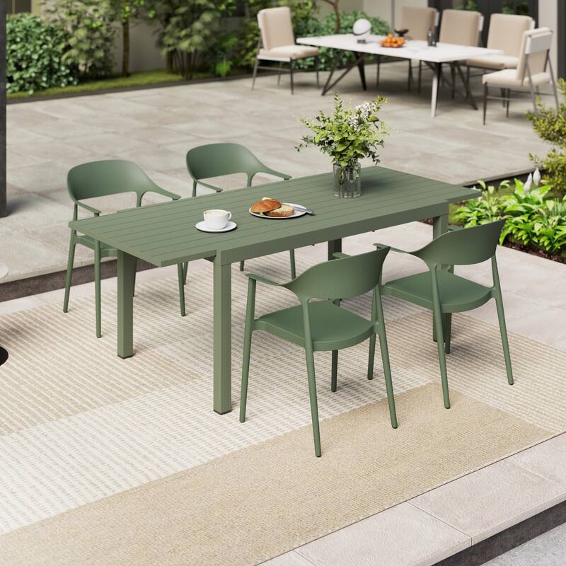 Outdoor Dining Set 5-Piece Stackable Plastic Lightweight Curved Backrest Armchair and Extendable Dining Table