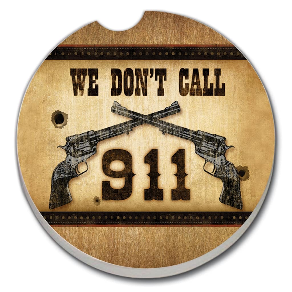 Counterart Absorbent Stoneware Car Coaster, We Don't Call 911, Set of 2 - 2.5