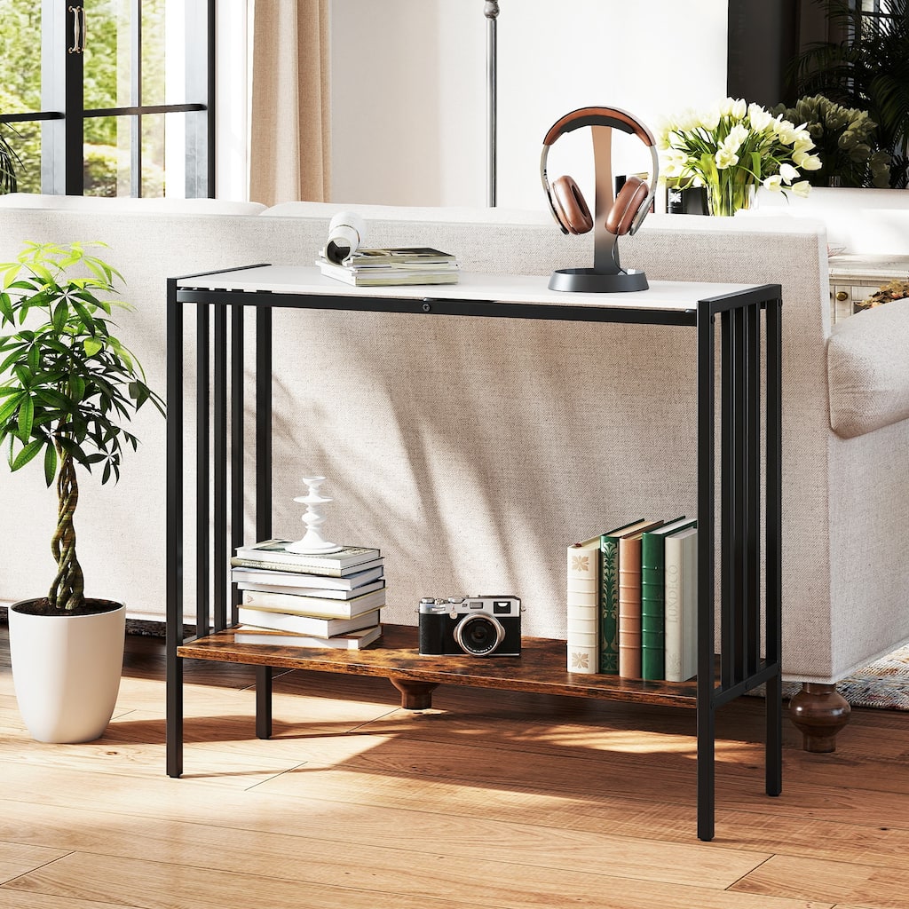 36 Inch 2-Tier Narrow Console Table with Sintered Stone Top and Metal Frame for Entry or Living Room - 36" x 12" x 30"