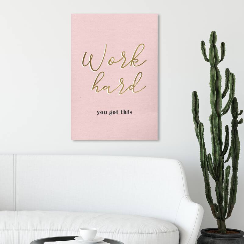 Wynwood Studio 'Work Hard Blush' Typography and Quotes Wall Art Canvas Print Motivational Quotes and Sayings - Pink, Gold - 20 x 30