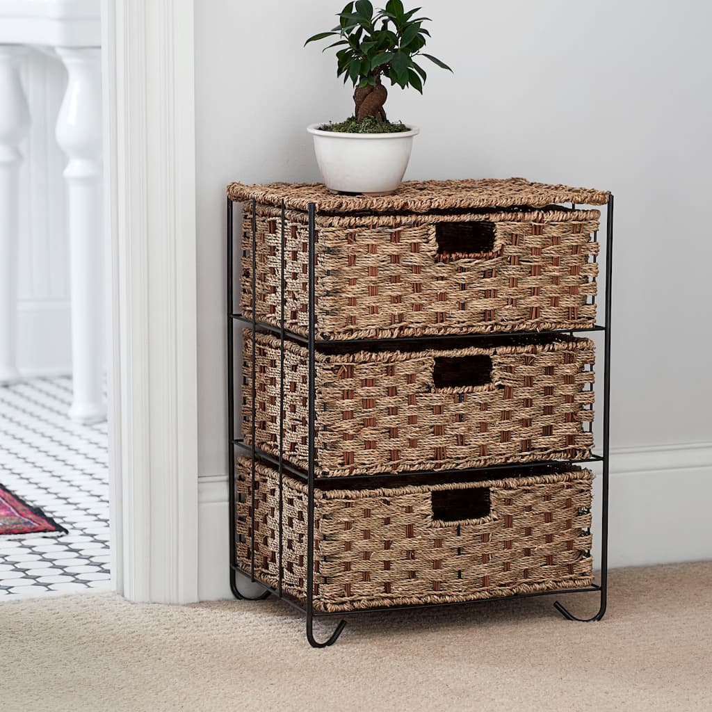 Household Essentials Handwoven Seagrass 3-Drawer Wicker Storage Unit