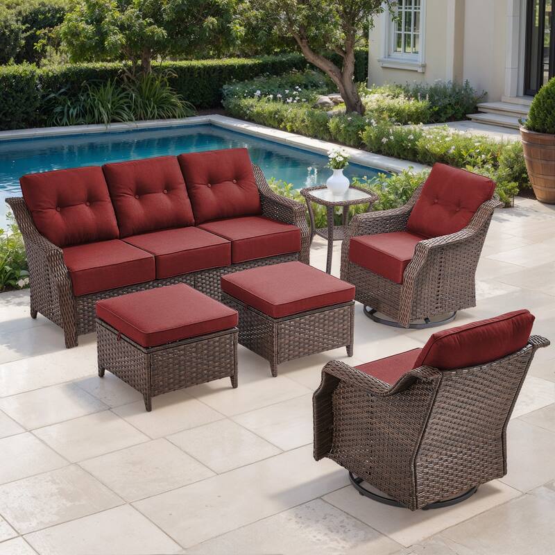 Gymojoy 6-Piece Wicker Patio Furniture Set, 6-Inch Ultra Thick Cushioned 360° Swivel Glider Chairs & Multifunctional Ottomans