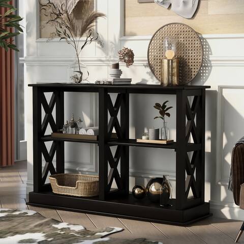 Console Table with 3-Tier Open Storage Spaces and "X" Legs (Black)