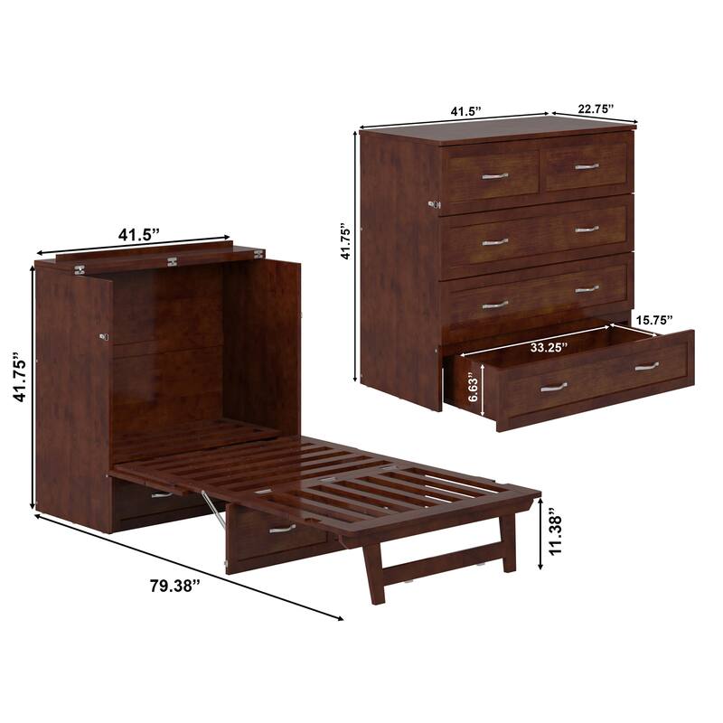 AFI Northfield Murphy Bed Chest with 6" Mattress, Storage Drawer & Built-In Charger