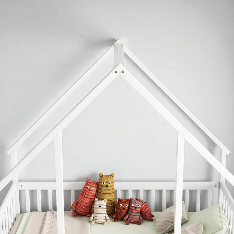 Twin/Full Size Wooden House-Shaped Floor Bed with Fence and Guardrails, Kids Montessori Bed with Roof Frame