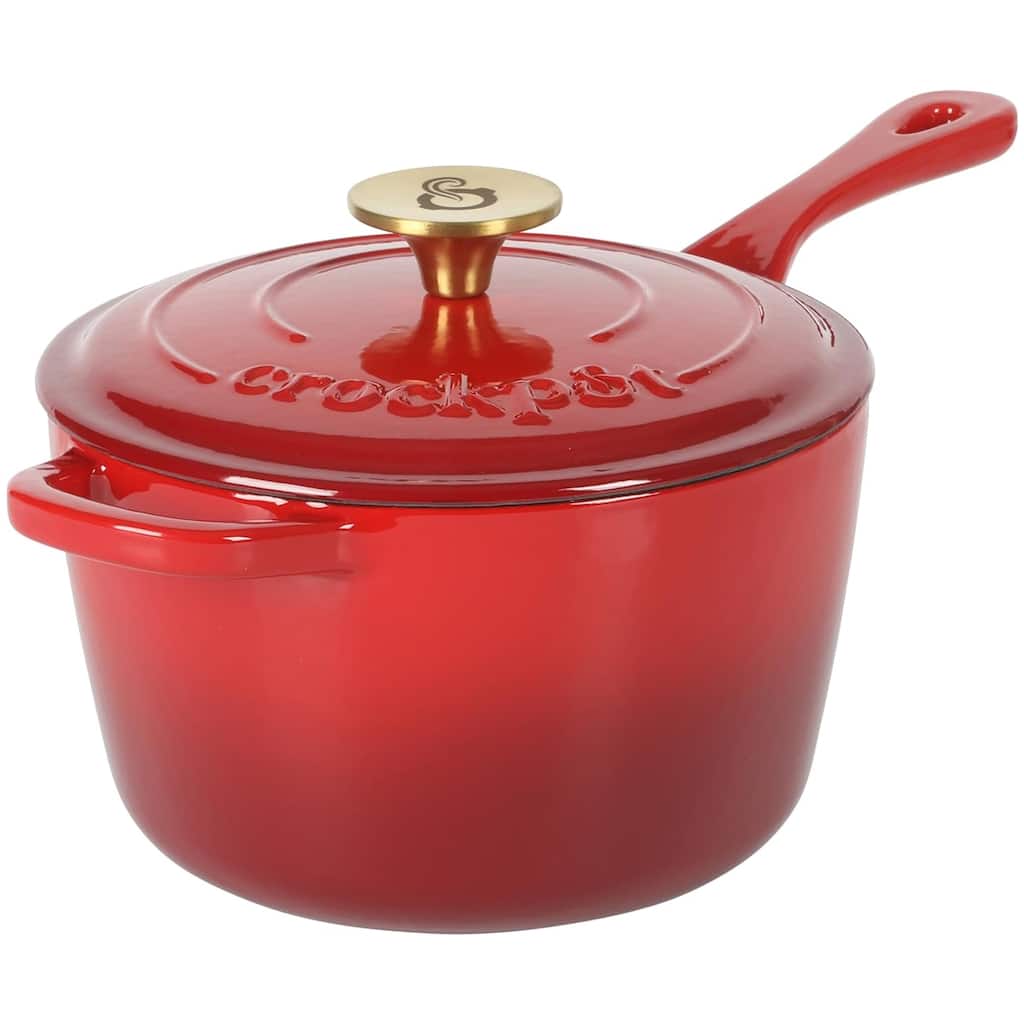 Crock-Pot Artisan 3 Quart Enameled Cast Iron Saucepan with Lid in Red and Gold