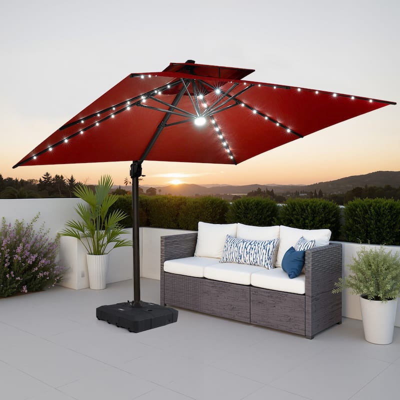 Pellebant 11X11 FT Outdoor Square Cantilever Patio Umbrella Solar LED Lighted with HDPE Base - Red