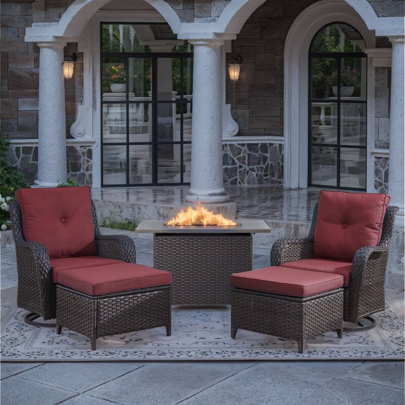 Fire Pit Table with Siwvel Chair Ottomans - Red - Brown