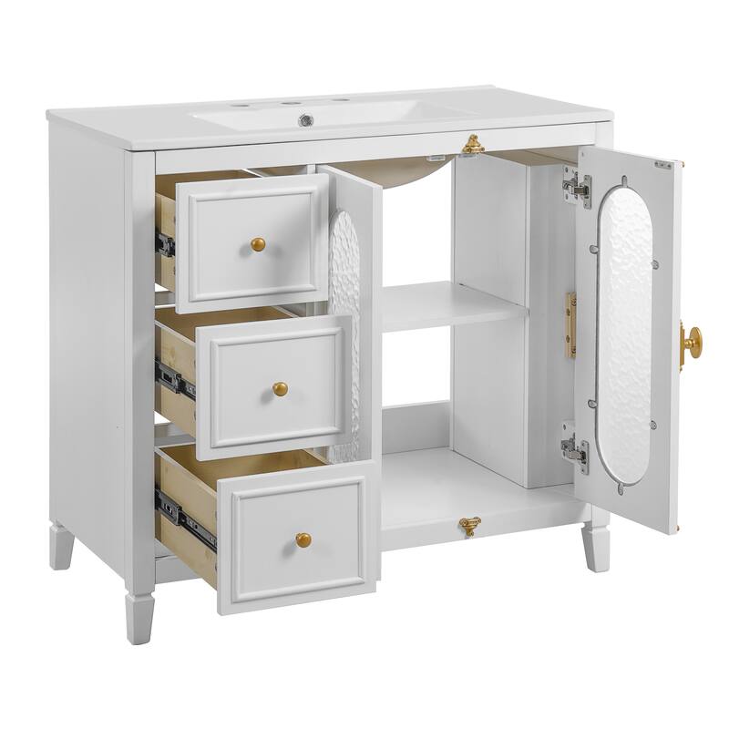 36-inch Bathroom Vanity with 2 Soft Close Doors, Solid Wood Frame Modern Bathroom Storage Cabinet with 3 Drawers