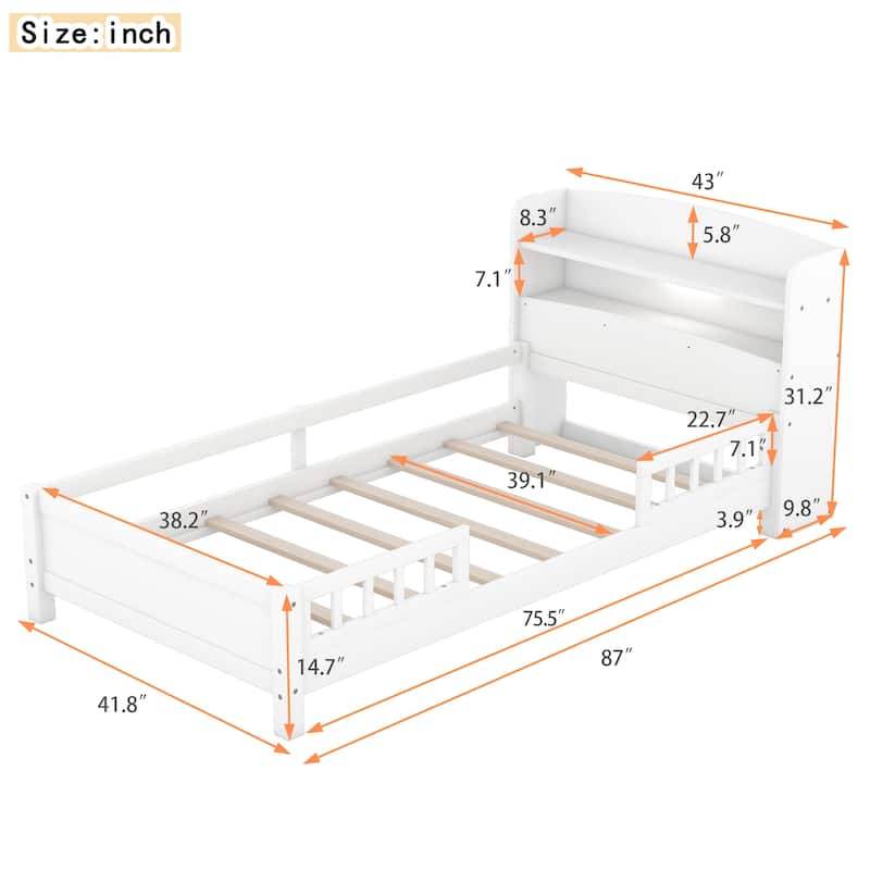 Twin Size Platform Bed with LED Light, Storage Headboard, and Guardrail in White