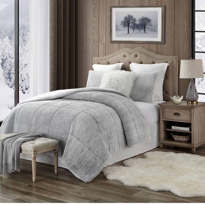 Swift Home Luxurious Reversible High Pile Plush and Sherpa Comforter Set - Grey - Queen