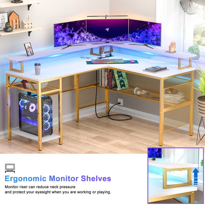 L Shape Computer Desk Reversible Gaming Desk with Charge Station and LED Light