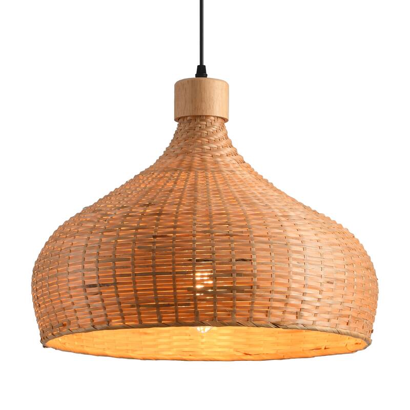 1-Light Retro Brown Handmade Bamboo Woven Dome Hanging Pendant Light - 17.7" W x 59" H