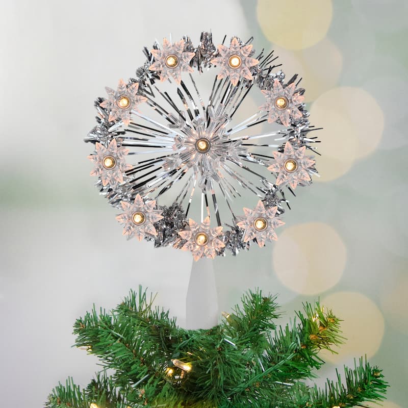 7" Silver Snowflake Starburst Christmas Tree Topper Clear Lights