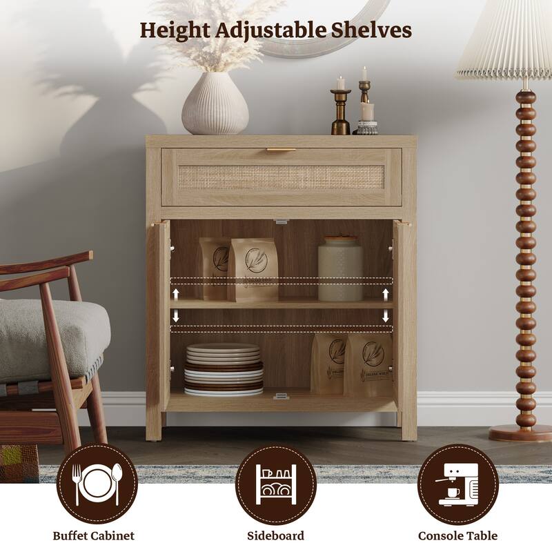 SICOTAS Farmhouse Rattan Sideboard Storage Cabinet with Drawer - N/A