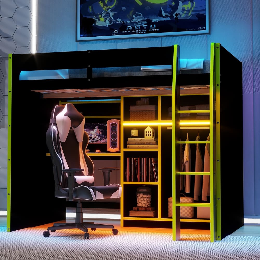 Gaming Loft Bed Full Size Gaming Bed with Desk & RGB Lights