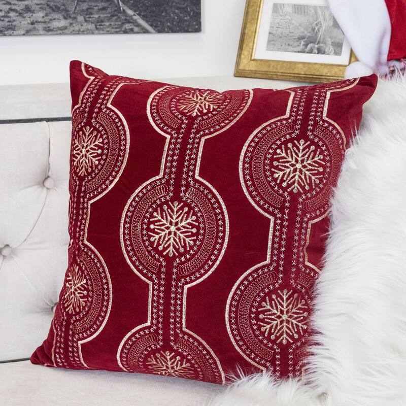 Red Holiday Embroidered Velvet Throw Pillow