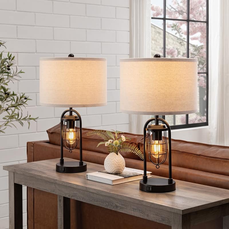 KAWOTI 21.5 inch Table Lamp Set with Night Light and USB Ports, Bulbs - Dark Bronze
