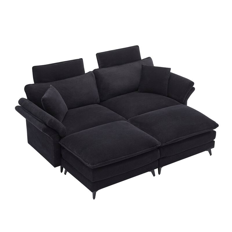 85.8" Corduroy Sectional Sofa with Ottomans, Flared Arms Loveseat, Convertible Sleeper Couch Modern Modular Sofa Bed