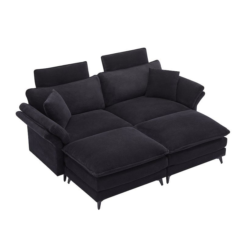 Corduroy Loveseat Sofa, Deep Seat Sectional Sofa wMovable Ottoman & 2 Pillows Upholstered Tufted Couch for Living Room
