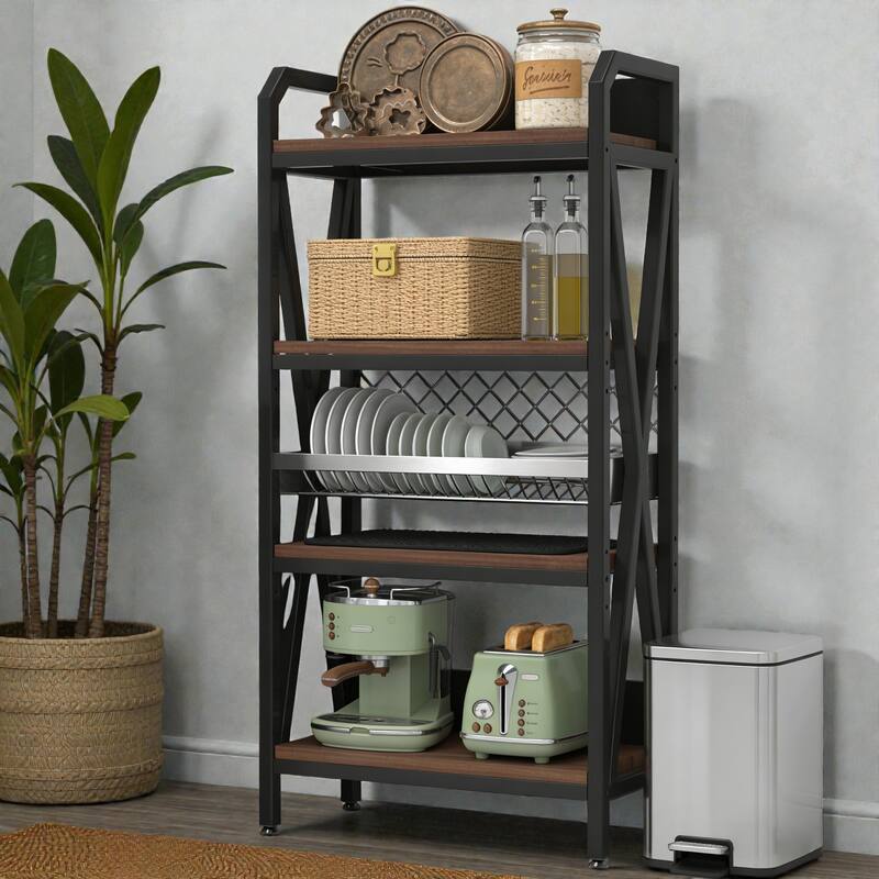 56.3 Inch Bakers Rack with 4 Tier Storage Shelves, Metal and Wood Kitchen Organizer for Pantry, Bathroom and Garage