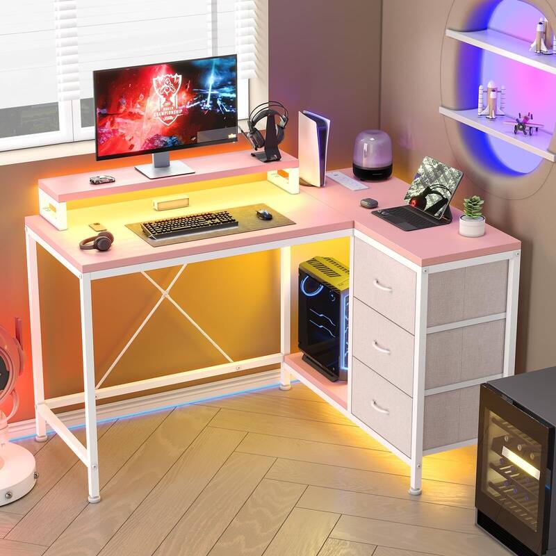 L Shaped Desk with Power Outlets & LED Lights