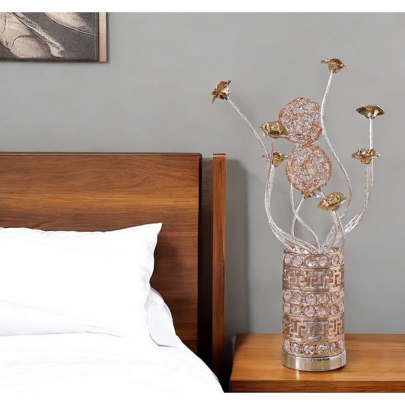 Silver Chrome Acrylic Vase Table Lamp with Floral Shade and Inline Switch - 7” x 7” x 21.5” (D x W x H)