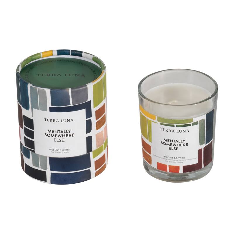 4" Boxed Candle with Funny Quote Mentally Somewhere Else 7oz Glass Multi-Colored Decorative Incense & Myrrh Scented - 3" x 3" x 4" - Abstract Multi