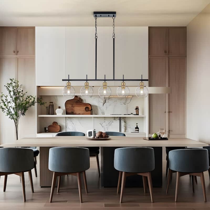 Starsky 5-Light Modern Linear Kitchen Island Pendant with Seeded Glass Globes, Adjustable Height, Black or Gold