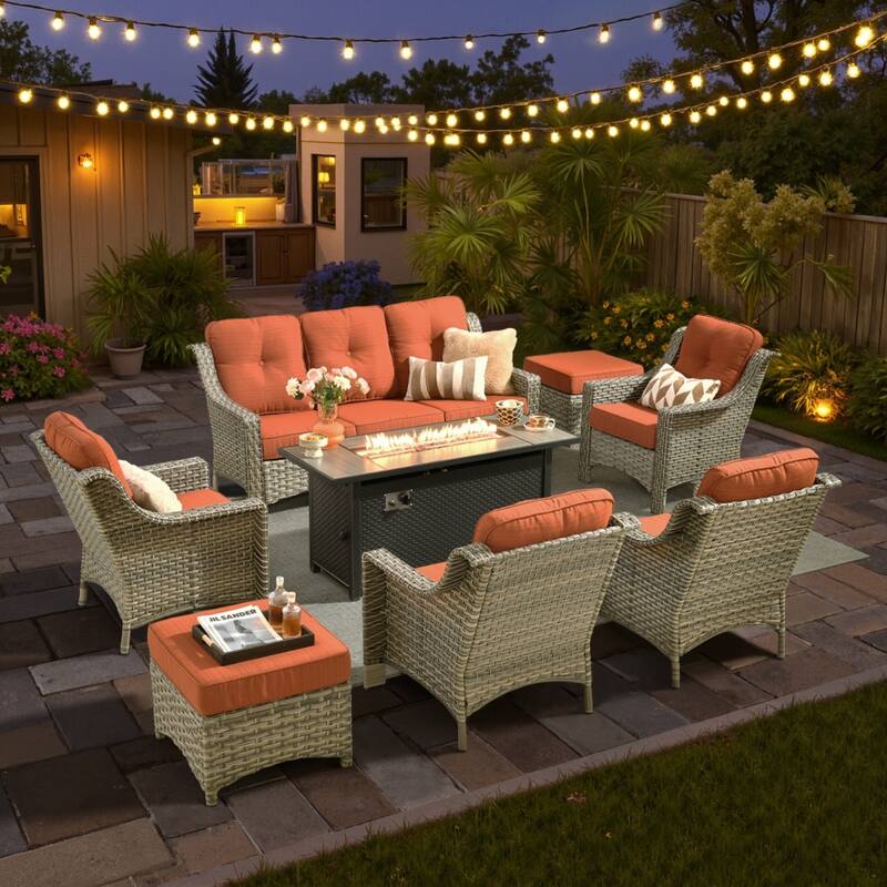 XIZZI 8-piece Outdoor Patio Furniture Set with 54" Fire Table - Red/Orange