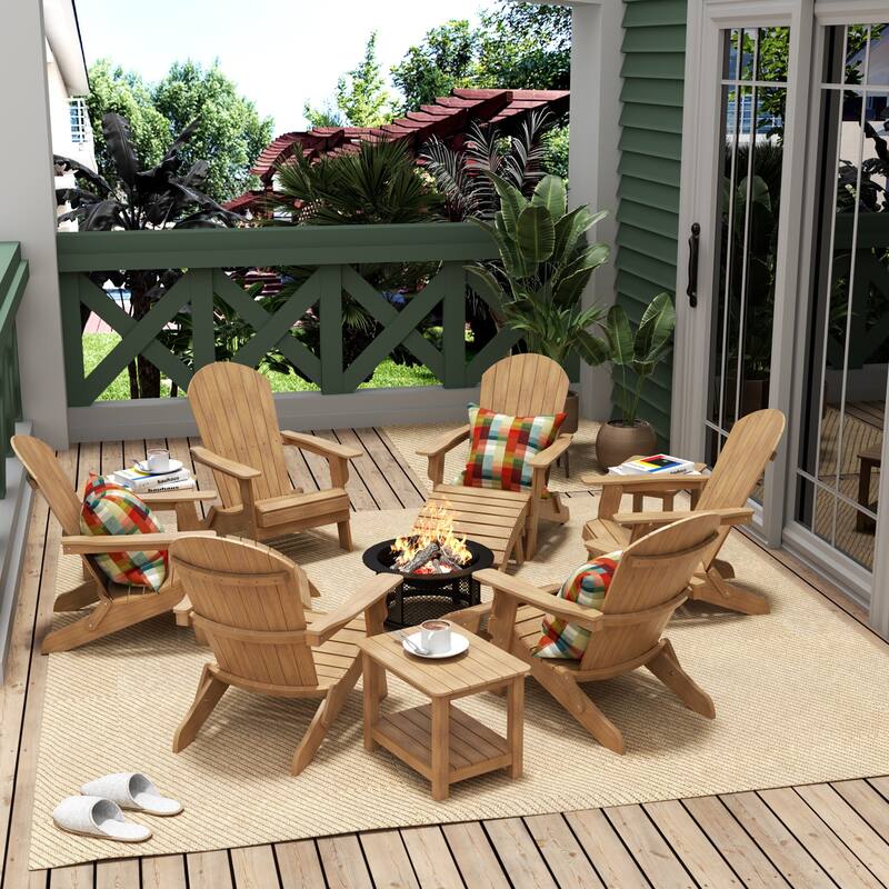 Vineyard HIPS Outdoor Folding Eco-Friendly All Weather Seashell Adirondack Chairs (12-Piece Conversation Set) - Teak