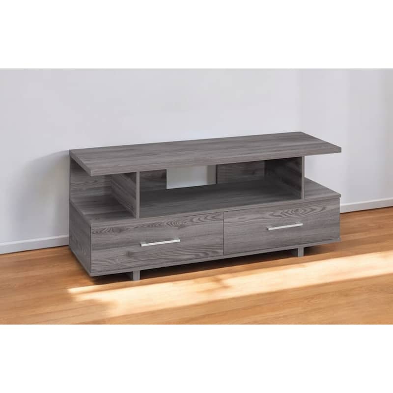 48 Inch Grey Wooden Entertainment Center with Open Storage Shelves and Two Drawers for Living Room - 47.75”L x 15.75”W x 20”H