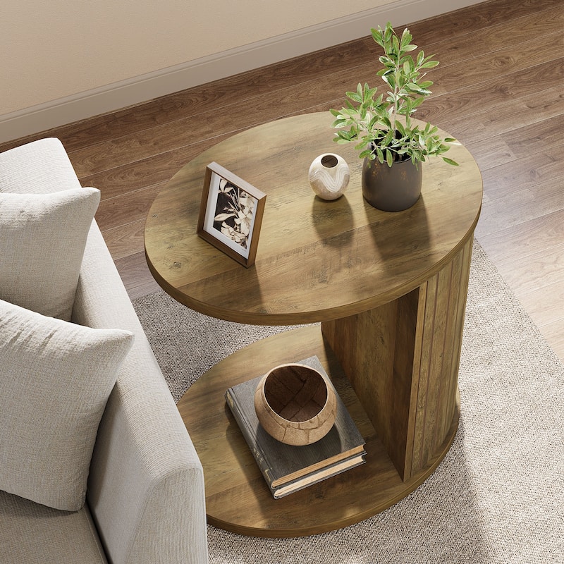 C-Shaped End Table for Couch, Fluted Sofa Side Table with Shelf