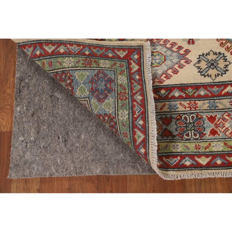 Geometric Beige Kazak Area Rug Handmade Wool Carpet - 5'1" x 6'4"