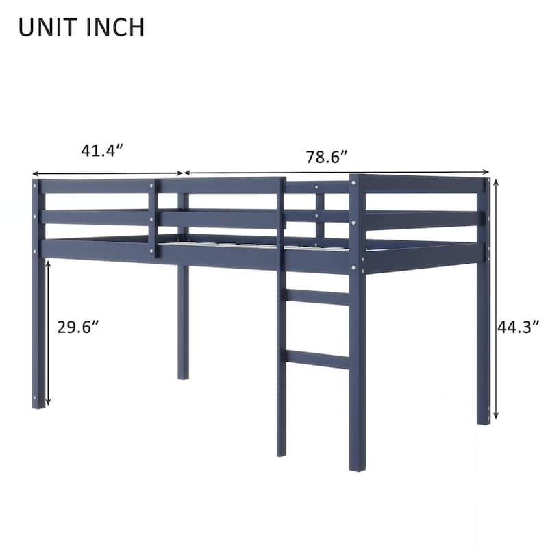 Solid Wooden, Rubber Wooden Twin Loft Bed with Ladder, Bed Platform of Strengthened Slats
