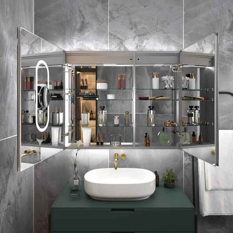 Modland Recessed Smart Mirror Cabinet 24-48x32" with Lights, Anti-Fog, Outlet & Magnifier - Adjustable Shelves