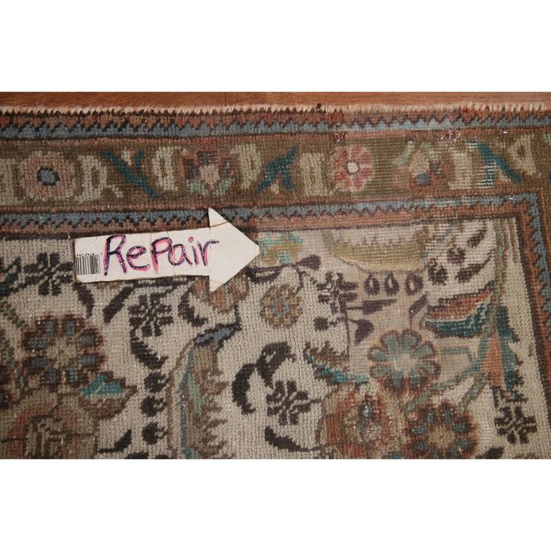 Distressed Geometric Tabriz Persian Antique Rug Handmade Wool Carpet - 9'8" x 13'5"
