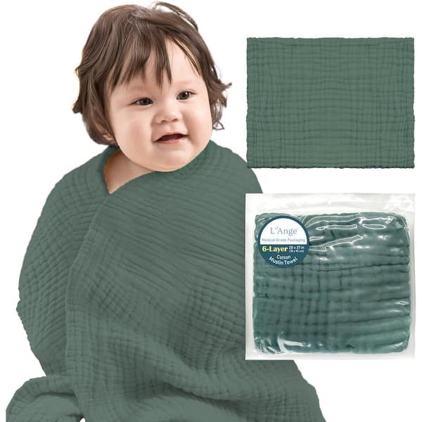 slide 2 of 4, L'Ange Baby Towel 100% Cotton Muslin 9 Layers Quick Dry Medical Grade Packaging 28 x 37 in. Green