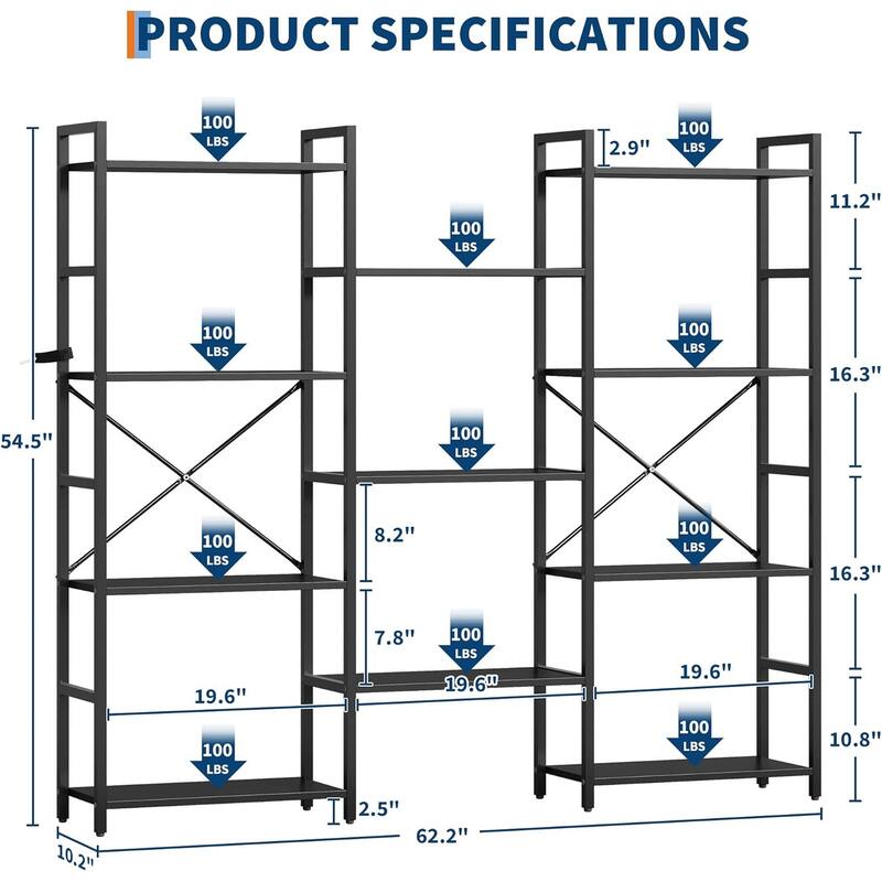 Triple Column 4-Tier Bookshelf, Adjustable Rustic Industrial Bookcase