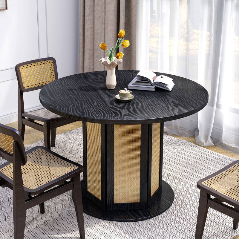 Moasis Farmhouse Round Pedestal Dining Table for 4 with Rattan Circular Base