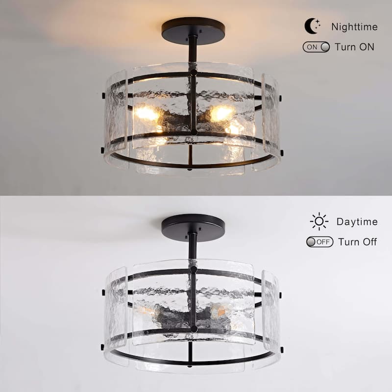 Laia Black 4-Light Water Textured Glass Drum Flush Mount - 16 inches in diameter x 11 inches H