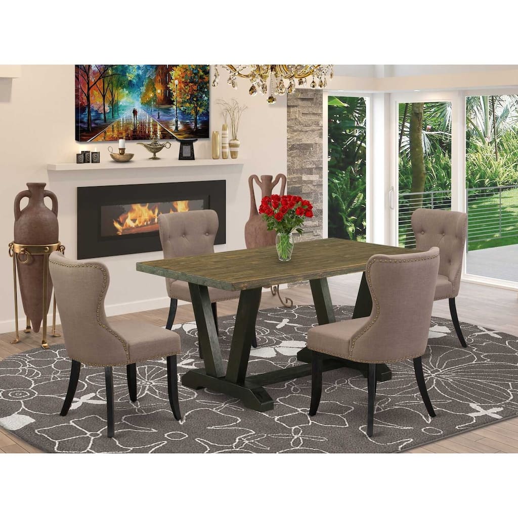 HomeStock 5-Piece Natural Oak Finish Solid Wood Top Dining Table with 4 Parson Chair